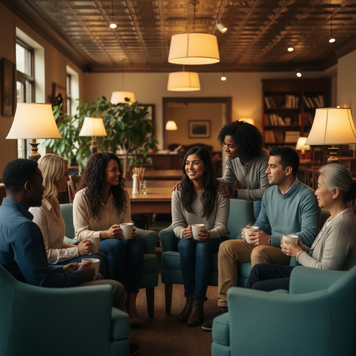 A diverse support circle sharing coffee and comfort at The Java Shoppe