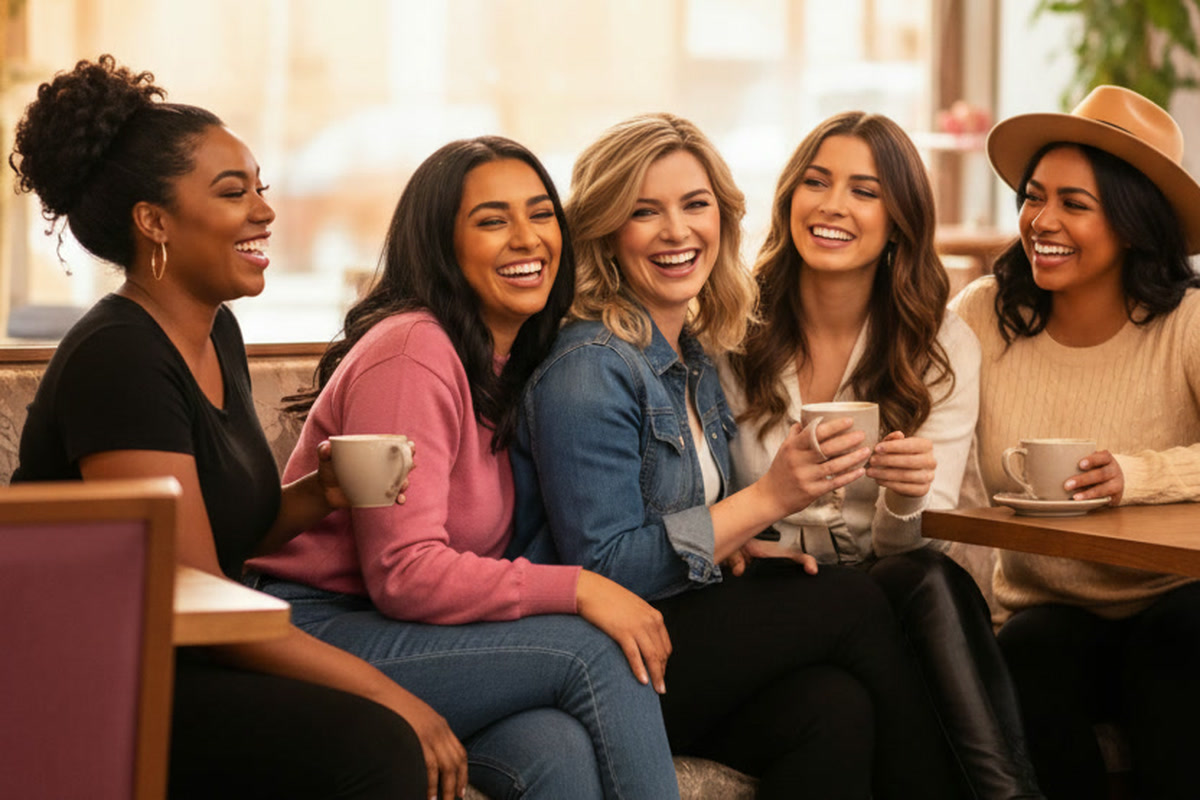 A diverse group of women laughing together over coffee at The Java Shoppe